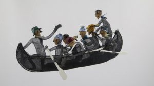 Chasse-galerie moustiquaire, 2020 (28 x 45 x 33 cm). Moustiquaire, bouchons, stanioles, broche. Chasse-galerie moustiquaire, 2020 (28 x 45 x 33 cm). Moustiquaire, bouchons, stanioles, broche.